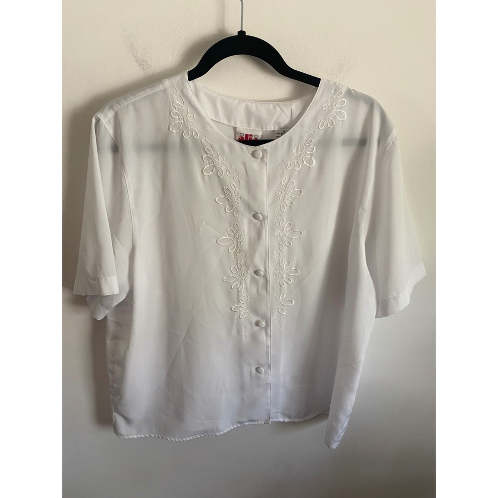 Alia White Floral Embroidered Button Front Short Sleeve Blouse Size 16 Vintage‎